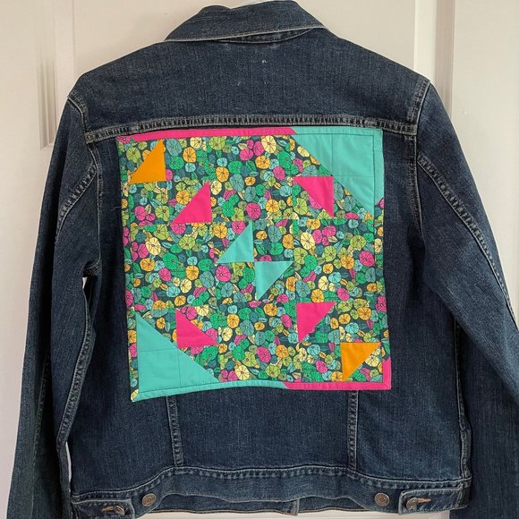 GAP Womens L Denim Jacket with Handmade Patchwork Panel - Picture 1 of 10